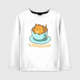 Детский лонгслив хлопок с принтом Catpuccino в Екатеринбурге, 100% хлопок | круглый вырез горловины, полуприлегающий силуэт, длина до линии бедер | animal | cat | cute | kitty | meow | друг | животные | киска | китти | кот | котенок | котик | котэ | кошечка | кошка | милый | мур | мяу | питомец