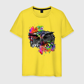Мужская футболка хлопок с принтом взгляд совы в Екатеринбурге, 100% хлопок | прямой крой, круглый вырез горловины, длина до линии бедер, слегка спущенное плечо. | арт | краски | перья | птица | сова | цвет