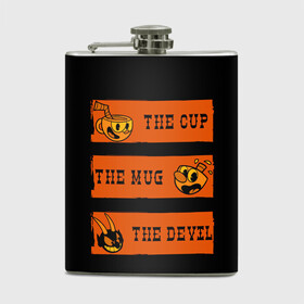 Фляга с принтом CUP MUG DEVIL в Екатеринбурге, металлический корпус | емкость 0,22 л, размер 125 х 94 мм. Виниловая наклейка запечатывается полностью | arkade | cup head | cuphead | game | games | аркада | игра | игры | кап хэд | капхед | купа хэд | сгз руфв | сгзруфв | чашкоголовый