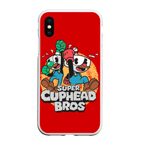 Чехол для iPhone XS Max матовый с принтом Super Cuphead Bros в Екатеринбурге, Силикон | Область печати: задняя сторона чехла, без боковых панелей | Тематика изображения на принте: arkade | cup head | cuphead | game | games | mario | аркада | игра | игры | кап хэд | капхед | купа хэд | марио | сгз руфв | сгзруфв | чашкоголовый