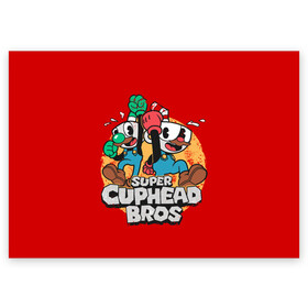 Поздравительная открытка с принтом Super Cuphead Bros в Екатеринбурге, 100% бумага | плотность бумаги 280 г/м2, матовая, на обратной стороне линовка и место для марки
 | Тематика изображения на принте: arkade | cup head | cuphead | game | games | mario | аркада | игра | игры | кап хэд | капхед | купа хэд | марио | сгз руфв | сгзруфв | чашкоголовый