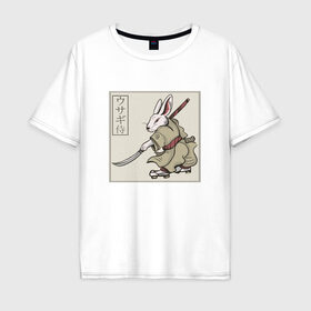 Мужская футболка хлопок Oversize с принтом Кролик Самурай Rabbit Samurai в Екатеринбурге, 100% хлопок | свободный крой, круглый ворот, “спинка” длиннее передней части | Тематика изображения на принте: art | cyberpunk samurai | ninja | oni | rdsmry | ronin | samurai | shogun | ukiyo e | арт | живопись | животные | заяц | киберпанк самурай | мерч | прикол | путь воина | путь самурая | ронин | сёгун | токио | укиё э | фреска | харакири