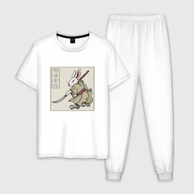 Мужская пижама хлопок с принтом Кролик Самурай Rabbit Samurai в Екатеринбурге, 100% хлопок | брюки и футболка прямого кроя, без карманов, на брюках мягкая резинка на поясе и по низу штанин
 | art | cyberpunk samurai | ninja | oni | rdsmry | ronin | samurai | shogun | ukiyo e | арт | живопись | животные | заяц | киберпанк самурай | мерч | прикол | путь воина | путь самурая | ронин | сёгун | токио | укиё э | фреска | харакири