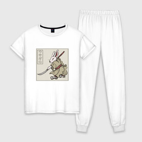 Женская пижама хлопок с принтом Кролик Самурай Rabbit Samurai в Екатеринбурге, 100% хлопок | брюки и футболка прямого кроя, без карманов, на брюках мягкая резинка на поясе и по низу штанин | art | cyberpunk samurai | ninja | oni | rdsmry | ronin | samurai | shogun | ukiyo e | арт | живопись | животные | заяц | киберпанк самурай | мерч | прикол | путь воина | путь самурая | ронин | сёгун | токио | укиё э | фреска | харакири