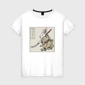 Женская футболка хлопок с принтом Кролик Самурай Rabbit Samurai в Екатеринбурге, 100% хлопок | прямой крой, круглый вырез горловины, длина до линии бедер, слегка спущенное плечо | Тематика изображения на принте: art | cyberpunk samurai | ninja | oni | rdsmry | ronin | samurai | shogun | ukiyo e | арт | живопись | животные | заяц | киберпанк самурай | мерч | прикол | путь воина | путь самурая | ронин | сёгун | токио | укиё э | фреска | харакири