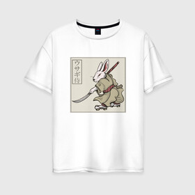 Женская футболка хлопок Oversize с принтом Кролик Самурай Rabbit Samurai в Екатеринбурге, 100% хлопок | свободный крой, круглый ворот, спущенный рукав, длина до линии бедер
 | Тематика изображения на принте: art | cyberpunk samurai | ninja | oni | rdsmry | ronin | samurai | shogun | ukiyo e | арт | живопись | животные | заяц | киберпанк самурай | мерч | прикол | путь воина | путь самурая | ронин | сёгун | токио | укиё э | фреска | харакири