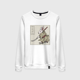 Женский свитшот хлопок с принтом Кролик Самурай Rabbit Samurai в Екатеринбурге, 100% хлопок | прямой крой, круглый вырез, на манжетах и по низу широкая трикотажная резинка  | art | cyberpunk samurai | ninja | oni | rdsmry | ronin | samurai | shogun | ukiyo e | арт | живопись | животные | заяц | киберпанк самурай | мерч | прикол | путь воина | путь самурая | ронин | сёгун | токио | укиё э | фреска | харакири