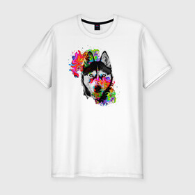 Мужская футболка хлопок Slim с принтом собака с торчащими ушами в Екатеринбурге, 92% хлопок, 8% лайкра | приталенный силуэт, круглый вырез ворота, длина до линии бедра, короткий рукав | белый | добрый | красивый | краски | собака | хаски | цвет | цветной | черный