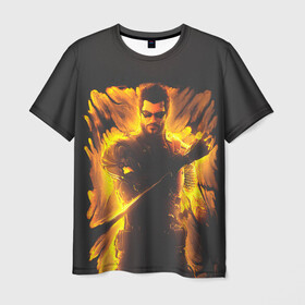 Мужская футболка 3D с принтом Jensen in fire в Екатеринбурге, 100% полиэфир | прямой крой, круглый вырез горловины, длина до линии бедер | cyberpunk | deus ex | game | games | адам дженсен | будущее | деус екс | деус экс | игра | игры | киберпанк