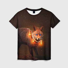 Женская футболка 3D с принтом Лисица с гирляндой в Екатеринбурге, 100% полиэфир ( синтетическое хлопкоподобное полотно) | прямой крой, круглый вырез горловины, длина до линии бедер | fox | foxy | животное | звери | лиса | лисенок | лисичка | милая | рыжая | фокс