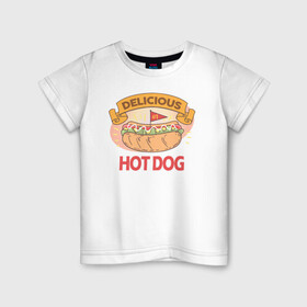 Детская футболка хлопок с принтом Delicious Hot Dog в Екатеринбурге, 100% хлопок | круглый вырез горловины, полуприлегающий силуэт, длина до линии бедер | burgers | delicious | hot dog | вредная еда | еда