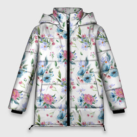 Женская зимняя куртка Oversize с принтом Весенние акварельные цветы в Екатеринбурге, верх — 100% полиэстер; подкладка — 100% полиэстер; утеплитель — 100% полиэстер | длина ниже бедра, силуэт Оверсайз. Есть воротник-стойка, отстегивающийся капюшон и ветрозащитная планка. 

Боковые карманы с листочкой на кнопках и внутренний карман на молнии | flowers art | illustration | pattern | spring | summer | watercolor | wildflowers | акварель | акварельные краски | акварельный рисунок | букет | бутоны | весна | лето | полевые цветы | узор из цветов | цветочная иллюстрация