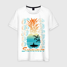 Мужская футболка хлопок с принтом ЛЕТО в Екатеринбурге, 100% хлопок | прямой крой, круглый вырез горловины, длина до линии бедер, слегка спущенное плечо. | Тематика изображения на принте: beach | holiday | print | sea | summer | sun | surf | ананас | лето | море | острова | отдых | отпуск | пальмы | пейзаж | песок | пляж | серфинг | солнце