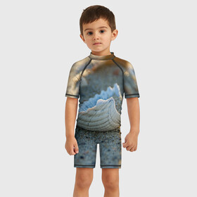 Детский купальный костюм 3D с принтом Морская ракушка в Екатеринбурге, Полиэстер 85%, Спандекс 15% | застежка на молнии на спине | морская | морские | песок | пляж | пляжный | ракушка | ракушки