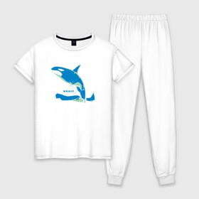 Женская пижама хлопок с принтом Кит Косатка голубая в Екатеринбурге, 100% хлопок | брюки и футболка прямого кроя, без карманов, на брюках мягкая резинка на поясе и по низу штанин | whale | кит | косатка | косатки | море | морские