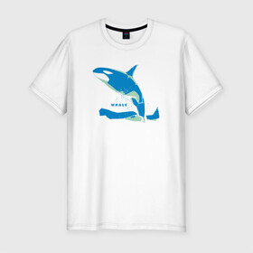 Мужская футболка хлопок Slim с принтом Кит Косатка голубая в Екатеринбурге, 92% хлопок, 8% лайкра | приталенный силуэт, круглый вырез ворота, длина до линии бедра, короткий рукав | whale | кит | косатка | косатки | море | морские