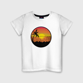 Детская футболка хлопок с принтом Закат солнце на пляже в Екатеринбурге, 100% хлопок | круглый вырез горловины, полуприлегающий силуэт, длина до линии бедер | Тематика изображения на принте: beach | club | palm | party | sea | summer | tropical | волны | жара | закат | летние | лето | море | пальмы | пляж | тропический