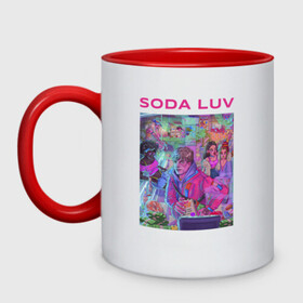 Кружка двухцветная с принтом SODA LUV в Екатеринбурге, керамика | объем — 330 мл, диаметр — 80 мм. Цветная ручка и кайма сверху, в некоторых цветах — вся внутренняя часть | Тематика изображения на принте: luv | melon | music | soda | sodaluv | бигасс | коми | лав | лого | лув | мелон | сода