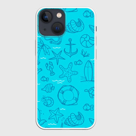 Чехол для iPhone 13 mini с принтом Морская тема в Екатеринбурге,  |  | креветки | круг | морская живность | морское | пальмы | раки | ракушки | рыбы | спасательный | черепашки | штурвал