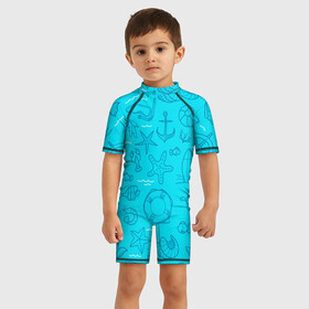 Детский купальный костюм 3D с принтом Морская тема в Екатеринбурге, Полиэстер 85%, Спандекс 15% | застежка на молнии на спине | креветки | круг | морская живность | морское | пальмы | раки | ракушки | рыбы | спасательный | черепашки | штурвал