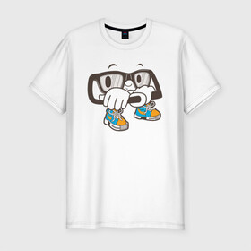 Мужская футболка хлопок Slim с принтом Оклик в Екатеринбурге, 92% хлопок, 8% лайкра | приталенный силуэт, круглый вырез ворота, длина до линии бедра, короткий рукав | иллюстрация | кроссовки | мультфильм | очки | талисман