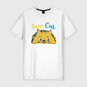 Мужская футболка хлопок Slim с принтом Taco Cat в Екатеринбурге, 92% хлопок, 8% лайкра | приталенный силуэт, круглый вырез ворота, длина до линии бедра, короткий рукав | Тематика изображения на принте: animal | cat | cute | kitty | meow | taco | друг | животные | киска | китти | кот | котенок | котик | котэ | кошечка | кошка | милый | мур | мяу | питомец | тако