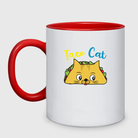 Кружка двухцветная с принтом Taco Cat в Екатеринбурге, керамика | объем — 330 мл, диаметр — 80 мм. Цветная ручка и кайма сверху, в некоторых цветах — вся внутренняя часть | animal | cat | cute | kitty | meow | taco | друг | животные | киска | китти | кот | котенок | котик | котэ | кошечка | кошка | милый | мур | мяу | питомец | тако