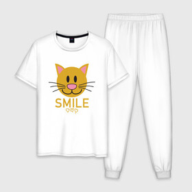 Мужская пижама хлопок с принтом Smile Cat в Екатеринбурге, 100% хлопок | брюки и футболка прямого кроя, без карманов, на брюках мягкая резинка на поясе и по низу штанин
 | animal | cat | cute | kitty | meow | smile | друг | животные | киска | китти | кот | котенок | котик | котэ | кошечка | кошка | милый | мур | мяу | питомец