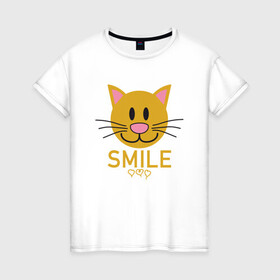 Женская футболка хлопок с принтом Smile Cat в Екатеринбурге, 100% хлопок | прямой крой, круглый вырез горловины, длина до линии бедер, слегка спущенное плечо | animal | cat | cute | kitty | meow | smile | друг | животные | киска | китти | кот | котенок | котик | котэ | кошечка | кошка | милый | мур | мяу | питомец