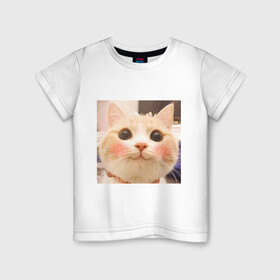 Детская футболка хлопок с принтом Мем про котов в Екатеринбурге, 100% хлопок | круглый вырез горловины, полуприлегающий силуэт, длина до линии бедер | Тематика изображения на принте: белый | кот | мем | милый | прикол