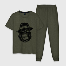 Мужская пижама хлопок с принтом Gorilla в Екатеринбурге, 100% хлопок | брюки и футболка прямого кроя, без карманов, на брюках мягкая резинка на поясе и по низу штанин
 | Тематика изображения на принте: горилла | обезьяна | очки | шляпа