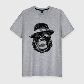 Мужская футболка хлопок Slim с принтом Gorilla в Екатеринбурге, 92% хлопок, 8% лайкра | приталенный силуэт, круглый вырез ворота, длина до линии бедра, короткий рукав | Тематика изображения на принте: горилла | обезьяна | очки | шляпа