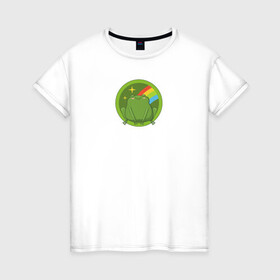 Женская футболка хлопок с принтом Лягушонок в Екатеринбурге, 100% хлопок | прямой крой, круглый вырез горловины, длина до линии бедер, слегка спущенное плечо | жаба | животные | лягушка | лягушонок | мультик | мультфильм | мультяшный | персонаж | радуга