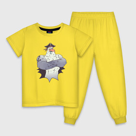 Детская пижама хлопок с принтом Чайка Пират - Seagull Pirate в Екатеринбурге, 100% хлопок |  брюки и футболка прямого кроя, без карманов, на брюках мягкая резинка на поясе и по низу штанин
 | Тематика изображения на принте: fish | funny | humor | muscles | sailor | sea wolf | tattoo | бб | бодибилдинг | ест рыбу | качок | морской волк | моряк | мускулы | на абордаж | накаченная птица | пиратский рисунок | повязка | прикол | рыба | татуировка