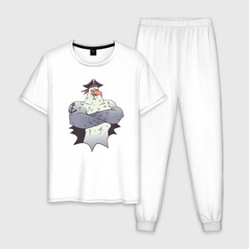 Мужская пижама хлопок с принтом Чайка Пират - Seagull Pirate в Екатеринбурге, 100% хлопок | брюки и футболка прямого кроя, без карманов, на брюках мягкая резинка на поясе и по низу штанин
 | fish | funny | humor | muscles | sailor | sea wolf | tattoo | бб | бодибилдинг | ест рыбу | качок | морской волк | моряк | мускулы | на абордаж | накаченная птица | пиратский рисунок | повязка | прикол | рыба | татуировка