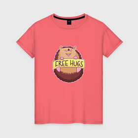 Женская футболка хлопок с принтом Бесплатные обнимашки Free Hugs в Екатеринбурге, 100% хлопок | прямой крой, круглый вырез горловины, длина до линии бедер, слегка спущенное плечо | animal | animals | cute | hedgehog | kawaii | smile | ежи | ёжик | ёжик улыбается | ёжики | животные | колючки | люблю обниматься | люблю обнимашки | милота | милый ёжик | объятия | розовые лапки | смешной ёжик | табличка