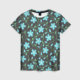 Женская футболка 3D с принтом Цветочный узор на темном фоне в Екатеринбурге, 100% полиэфир ( синтетическое хлопкоподобное полотно) | прямой крой, круглый вырез горловины, длина до линии бедер | бутон | бутоны | голубые цветы | листья | синие цветы | узор | цветок | цветы | цветы на тёмном фоне