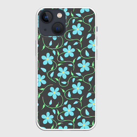 Чехол для iPhone 13 mini с принтом Цветочный узор на темном фоне в Екатеринбурге,  |  | бутон | бутоны | голубые цветы | листья | синие цветы | узор | цветок | цветы | цветы на тёмном фоне
