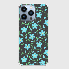 Чехол для iPhone 13 Pro с принтом Цветочный узор на темном фоне в Екатеринбурге,  |  | бутон | бутоны | голубые цветы | листья | синие цветы | узор | цветок | цветы | цветы на тёмном фоне
