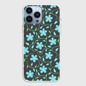 Чехол для iPhone 13 Pro Max с принтом Цветочный узор на темном фоне в Екатеринбурге,  |  | бутон | бутоны | голубые цветы | листья | синие цветы | узор | цветок | цветы | цветы на тёмном фоне