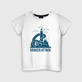 Детская футболка хлопок с принтом Атака кракена в Екатеринбурге, 100% хлопок | круглый вырез горловины, полуприлегающий силуэт, длина до линии бедер | king | kraken | octopus | корона | кракен | море | морские | морское | осьминог | щупальца