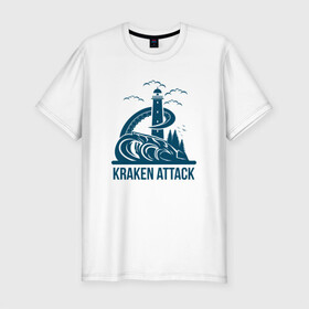 Мужская футболка хлопок Slim с принтом Атака кракена в Екатеринбурге, 92% хлопок, 8% лайкра | приталенный силуэт, круглый вырез ворота, длина до линии бедра, короткий рукав | king | kraken | octopus | корона | кракен | море | морские | морское | осьминог | щупальца