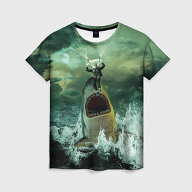 Женская футболка 3D с принтом Shark Attack | Акула атакует в Екатеринбурге, 100% полиэфир ( синтетическое хлопкоподобное полотно) | прямой крой, круглый вырез горловины, длина до линии бедер | attack | shark | акула | атака | парашютист | челюсти