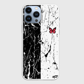 Чехол для iPhone 13 Pro Max с принтом ЧБ ГРАНЖ | RED BUTTERFLY (Z) в Екатеринбурге,  |  | Тематика изображения на принте: abstract | geometry | geometry stripes | grunge | red butterfly | texture | абстракция | бабочка | брызги | геометрические полосы | геометрия | гранж | краска | красная бабочка | потертости | текстура