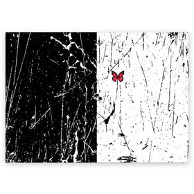 Поздравительная открытка с принтом ЧБ ГРАНЖ RED BUTTERFLY (Z) в Екатеринбурге, 100% бумага | плотность бумаги 280 г/м2, матовая, на обратной стороне линовка и место для марки
 | abstract | geometry | geometry stripes | grunge | red butterfly | texture | абстракция | бабочка | брызги | геометрические полосы | геометрия | гранж | краска | красная бабочка | потертости | текстура