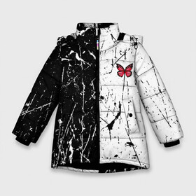 Зимняя куртка для девочек 3D с принтом ЧБ ГРАНЖ RED BUTTERFLY (Z) в Екатеринбурге, ткань верха — 100% полиэстер; подклад — 100% полиэстер, утеплитель — 100% полиэстер. | длина ниже бедра, удлиненная спинка, воротник стойка и отстегивающийся капюшон. Есть боковые карманы с листочкой на кнопках, утяжки по низу изделия и внутренний карман на молнии. 

Предусмотрены светоотражающий принт на спинке, радужный светоотражающий элемент на пуллере молнии и на резинке для утяжки. | abstract | geometry | geometry stripes | grunge | red butterfly | texture | абстракция | бабочка | брызги | геометрические полосы | геометрия | гранж | краска | красная бабочка | потертости | текстура