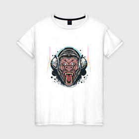 Женская футболка хлопок с принтом Gorilla Music в Екатеринбурге, 100% хлопок | прямой крой, круглый вырез горловины, длина до линии бедер, слегка спущенное плечо | gorilla | music | дикая горилла | животные | наушники