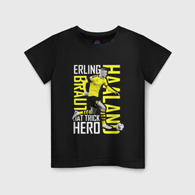 Детская футболка хлопок с принтом Эрлинг Холанд в Екатеринбурге, 100% хлопок | круглый вырез горловины, полуприлегающий силуэт, длина до линии бедер | erling haaland | боруссия | номер 9 | сборная норвегии | футбол | футболист | эрлинг холанд