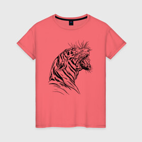 Женская футболка хлопок с принтом Чёрно белый рисунок тигра в Екатеринбурге, 100% хлопок | прямой крой, круглый вырез горловины, длина до линии бедер, слегка спущенное плечо | art | black and white | hunter | pantera | panthera | predator | russian tiger | tiger | амурский тигр | большая киса | большая кошка | иллюстрация | красная книга | охотник | пантера | полосатый тигр | русский тигр | рык