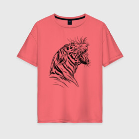 Женская футболка хлопок Oversize с принтом Чёрно белый рисунок тигра в Екатеринбурге, 100% хлопок | свободный крой, круглый ворот, спущенный рукав, длина до линии бедер
 | art | black and white | hunter | pantera | panthera | predator | russian tiger | tiger | амурский тигр | большая киса | большая кошка | иллюстрация | красная книга | охотник | пантера | полосатый тигр | русский тигр | рык